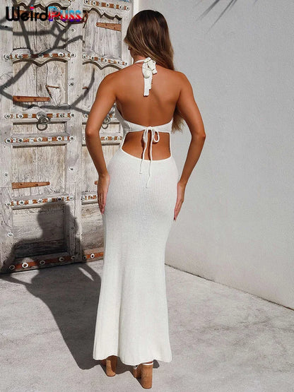 Vestido de mujer transparente de crochet con escote en V y espalda descubierta con tiras elásticas y escote halter, vestido sexy de verano 2024 para citas y vacaciones