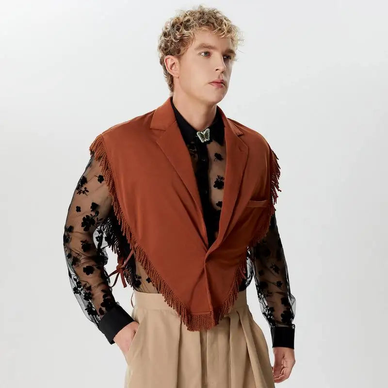 Gilet irrégulier à pompon pour homme, sans manches, à revers, à un bouton, à lacets, style streetwear, décontracté, 2024