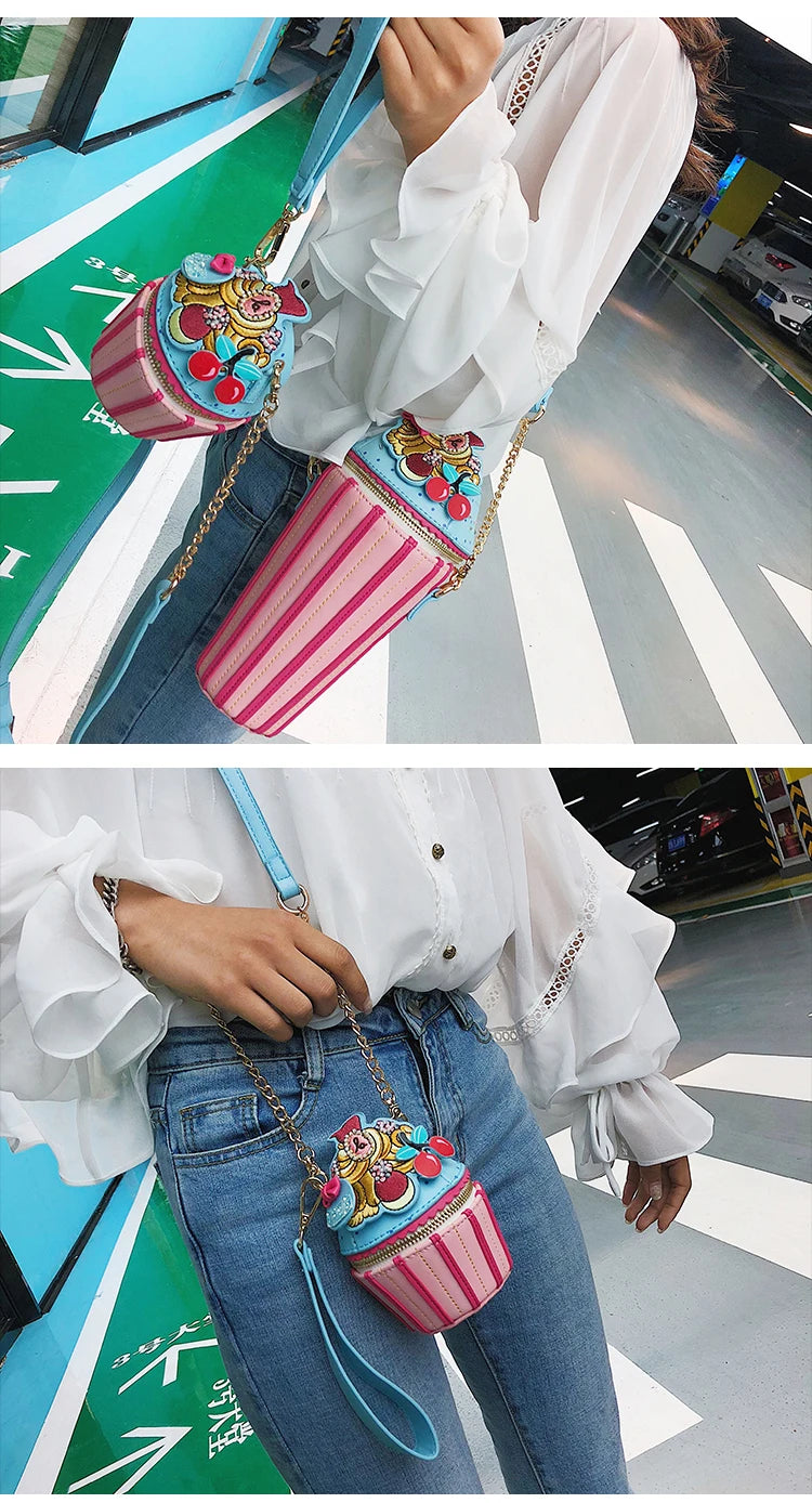 Cute Ice Cream Shape Shoulder Bag Embroidered Funny Crossbody Bag Mini Chain Messenger Bag Girls' Phone Bag