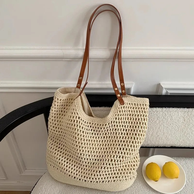 Casual Hollow Out Large Capacity Tote Bag Milk Cotton Weave Women Shoulder Bags Handmade Summer Beach Bag Big Bali Shopper Purse