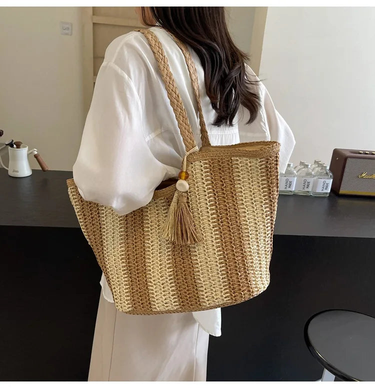 Bolso tejido de paja estilo vacaciones de verano, gran capacidad, versión coreana, tendencia occidental, bolso de hombro, bolso de mano de viaje de moda, diseñador