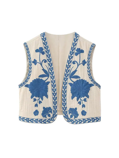 Suninheart Women Vintage Floral Embroidery Printed Unisex Vest Sleeveless Cropped Coats 2023 Summer Elegant Cotton Linen Tops