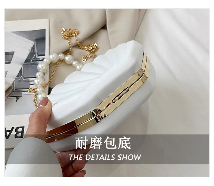 Fashion Shell Design Women Shoulder Bags Pearls Handle Lady Handbags Candy Color Pu Leather Crossbody Bag Small Female Purses