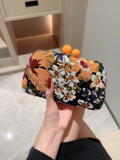 Bolso de mano con lentejuelas y clip para mujer, bandolera con bordado de flores, estilo vintage, para fiestas de noche