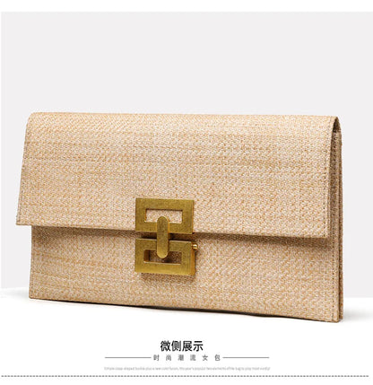 Casual Straw Clutch Bag for Women Chic Metal Lock Lady Handbags Vintage Summer Beach Bag Fashion Party Purses for Female 2024