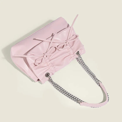 Bolso de hombro con lazo fruncido y cadena para mujer, bandolera de piel sintética de lujo, color rosa Y2K, con solapa grande