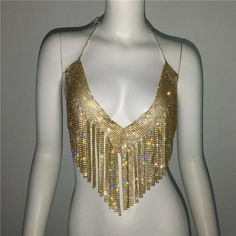 Chaleco con cuello halter y brillantes diamantes de imitación para mujer, top sexy de playa con borlas y cadena sin espalda para mujer, top corto calado para fiesta 2023