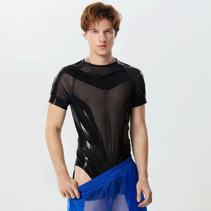 2024 Body pour hommes en maille patchwork brillant transparent col rond manches courtes barboteuses pour hommes streetwear mode body S-3XL INCERUN