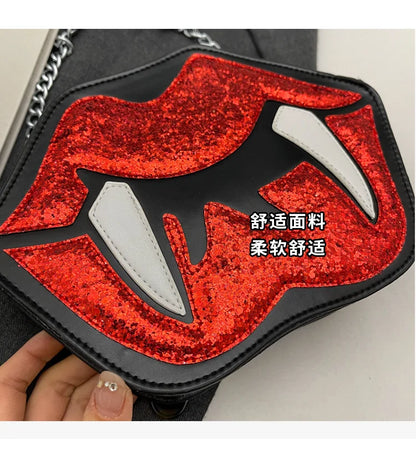 Cute Small Bag for Women 2024 New Summer Cartoon Funny Big Lips One Shoulder Chain Small Round Bag