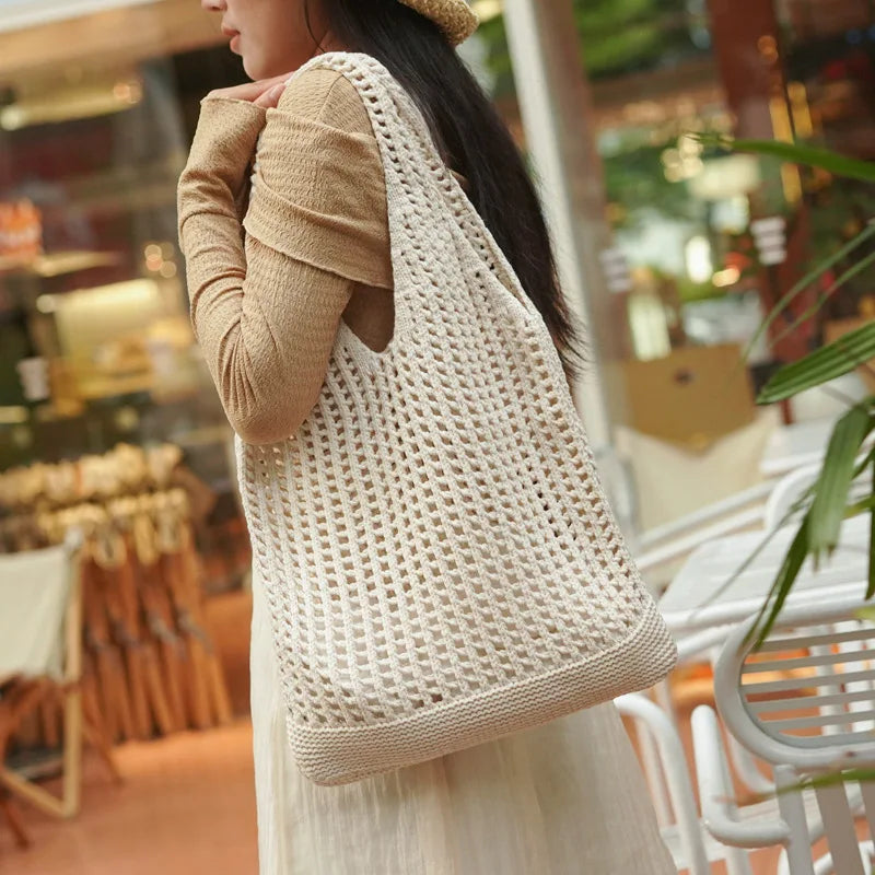 Casual Hollow Out Women Shoulder Bags Knitted Large Capacity Tote Bag Weave Lady Handbags Simple Big Summer Beach Bag 2024