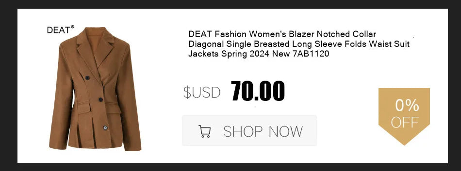 DEAT Fashion Women's Blazer Notched Collar Long Sleeve Diagonal Single Breasted Folds Waist Suit Jacket Spring 2024 New 7AB1120