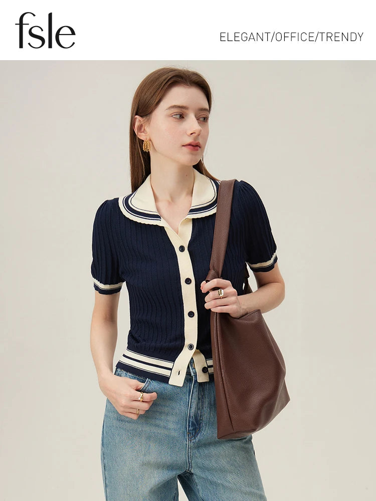 FSLE College Style Contrast Polo Collar Knitted Cardigan Women Knitwear 2024 Summer New Black Women Casual Loose Top 24FS12115