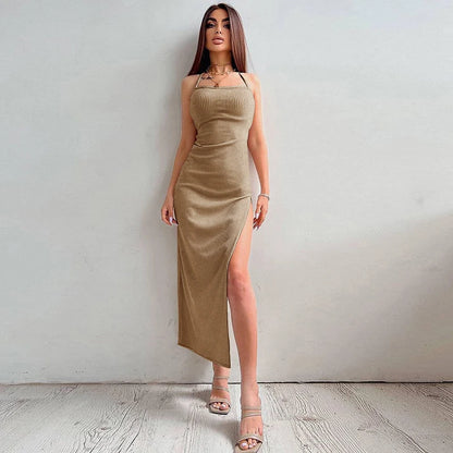 New Women Backless Bandage Bodycon Dress Summer Sexy Halter Neck Split Party Dresses Ladies Casual Solid Long Robe CC22157PF