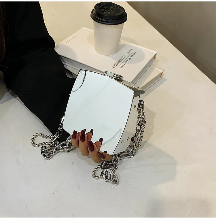 Luxury Silver Metal Box Bag Ladies Party Clutch Bag Evening Bag Chain Purse Crossbody Mini Bag Female Shoulder Bag Handbag Flap