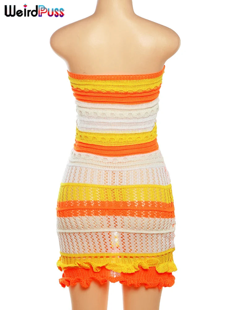 Vestido tubo de punto de Weird Puss para mujer, elegante vestido de verano con estampado de rayas y dobladillo con volantes, ajustado, elástico, para vacaciones en la calle y discotecas