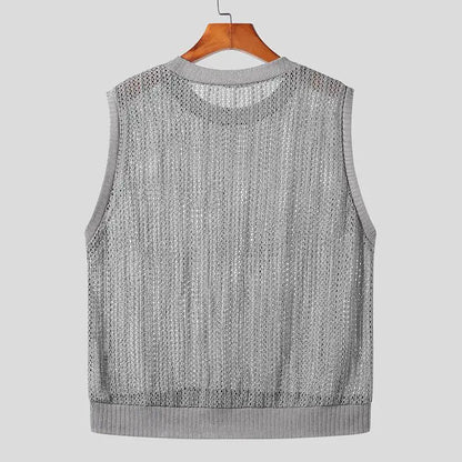 Fashion Men Tank Tops Mesh Hollow Out Transparent Streetwear Solid Color Vests 2023 O-neck Sleeveless Men Clothing S-5XL INCERUN