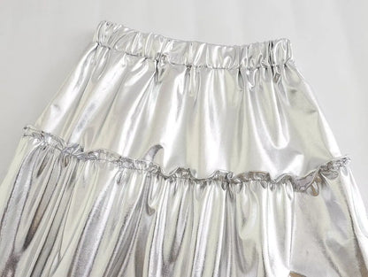 Suninheart Summer 2023 New Women's Silver Metal Texture Medium Length Skirts High Waist A-Line Slim Large Skirt Hem Cake Skirt