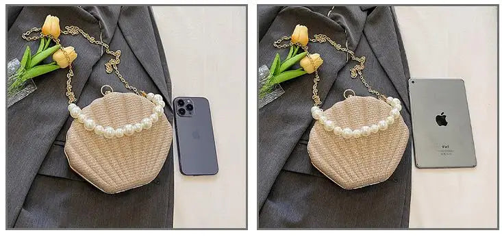 Bolso de hombro estilo marca, bolso de concha con cadena de perlas, bolso cruzado de lentejuelas de moda para mujer, bolso de noche