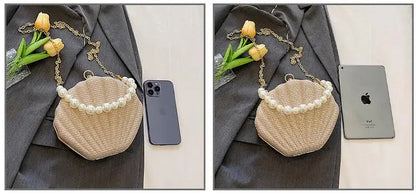 Bolso de hombro estilo marca, bolso de concha con cadena de perlas, bolso cruzado de lentejuelas de moda para mujer, bolso de noche