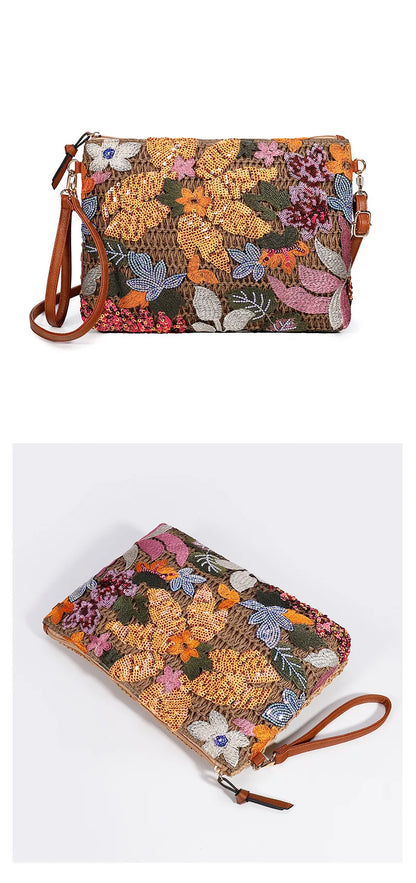 Fashion Embroidered Sequins Clutch Bag for Women Flower Straw Shoulder Crossbody Bags Summer Party Bag Vacation Big Purses 2024