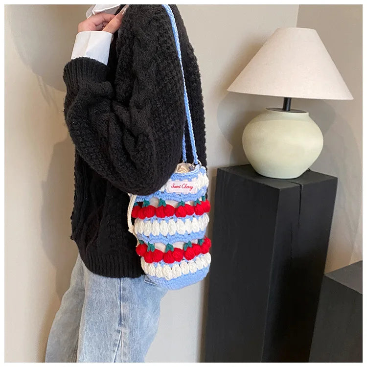 Handmade Woven Cherry Woolen Bag Fresh Fruit Woven Bag Crochet Knitted Bag Leisure String Shoulder Crossbody Bag 2024 New