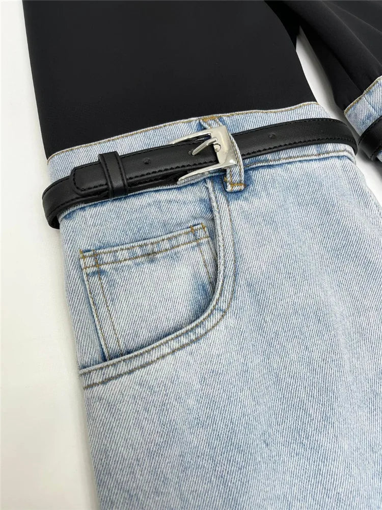 DEAT Fashion Women's Jeans High Waist Straight Patchwork PU Leather Buckle Streetwear Denim Pants Spring 2024 New Trend 17A2013H