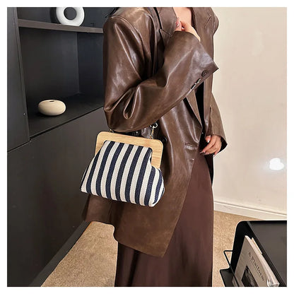 Bolsos de hombro elegantes con diseño de rayas y clip de madera para mujer, bolsos cruzados, carteras de mano para fiesta 2024