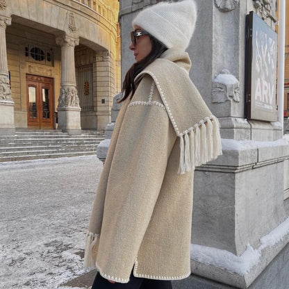 Abrigo elegante y holgado para mujer con bufanda, moda de manga larga con bolsillo, un solo pecho, chaqueta para mujer otoño invierno 2023