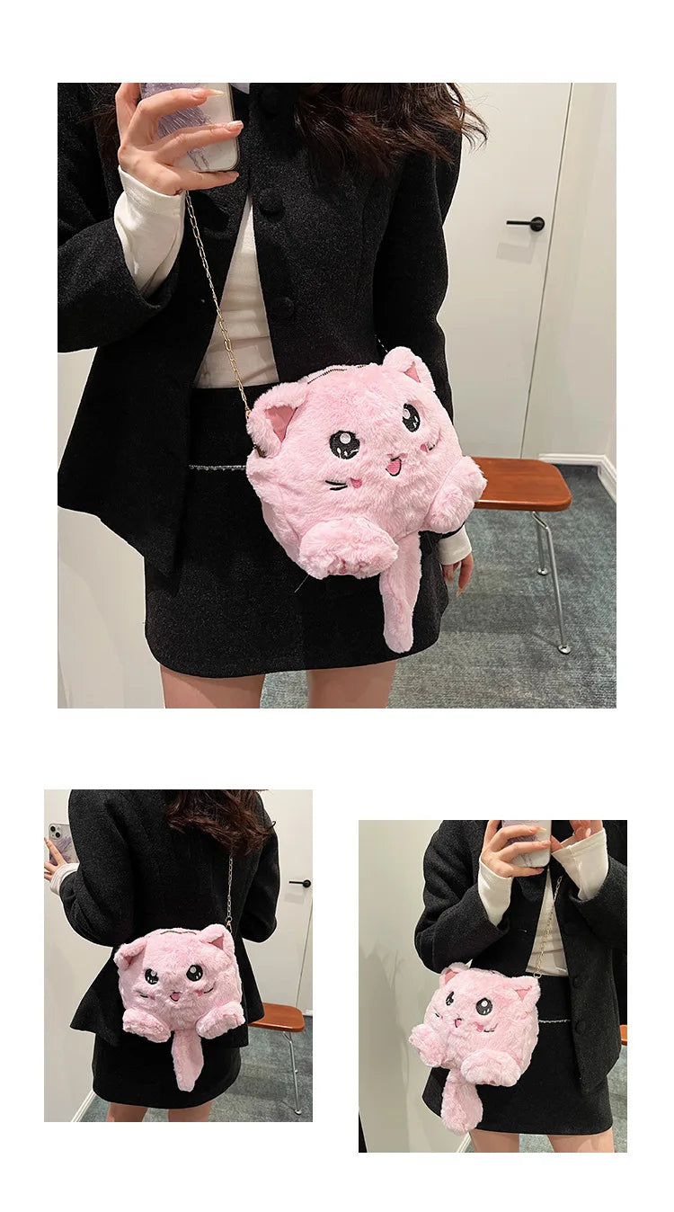 Bolso estilo japonés rosa kawaii para mujer, bolso de hombro de felpa con dibujos de gato para mujer, bolso cruzado, bolso pequeño para teléfono y cartera, novedad de 2024