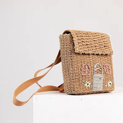 Cute House Shape Straw Backpacks for Little Girls Funny Handmade Woven Back Pack Lovely Summer Beach Bag for Children 2023 Bags