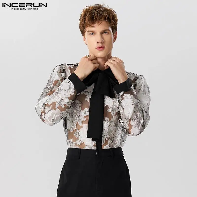 Fashion Sexy New Men Perspective Lace Print Jacquard Tie Shirts Casual Male Hot Sale Long Sleeved Blouse S-5XL INCERUN Tops 2024