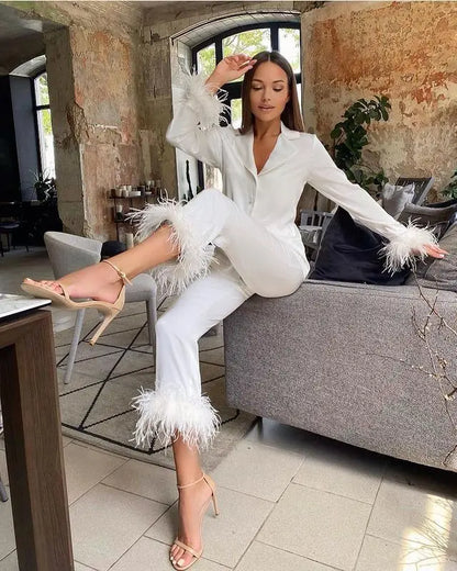 Feather Trim Two Piece Set Women Elegant Casual Pant Sets Long Sleeve Tops Blazer + Straight Pants Female Fall 2Pcs Set