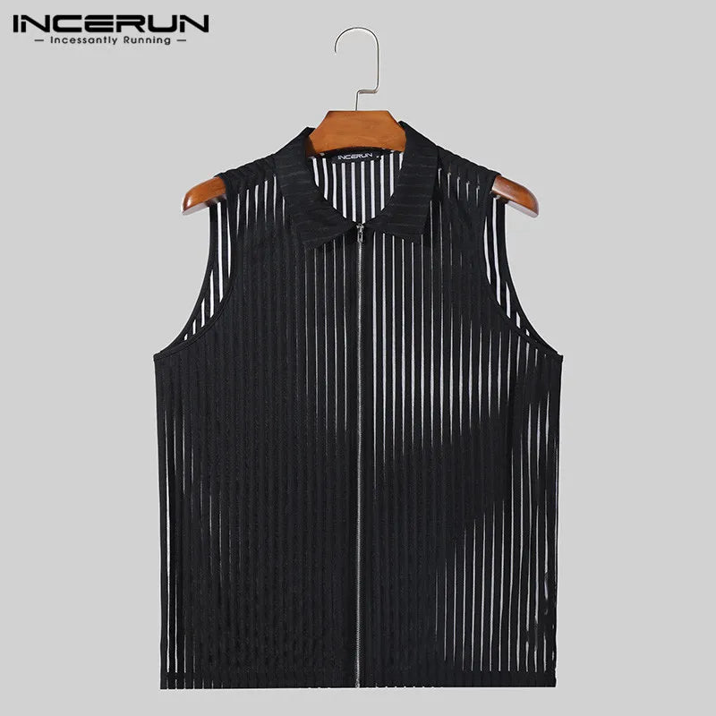 Fashion Casual Style Tops INCERUN Men's Vertical Stripe Perspective Zipper Vests Sexy Male Thin Sleeveless Tank Tops S-5XL 2024