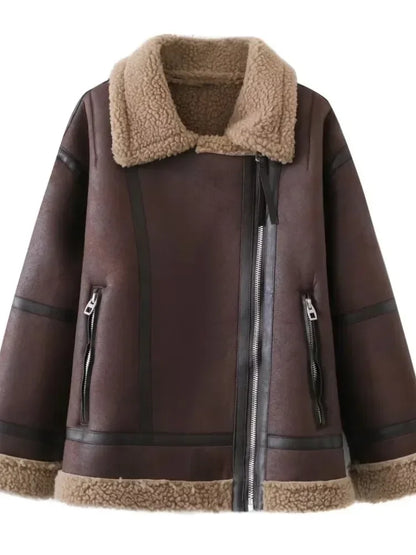 Veste d'hiver chaude en cuir PU pour femme, manteau à manches longues et fermeture éclair, style vintage, à la mode, 2023