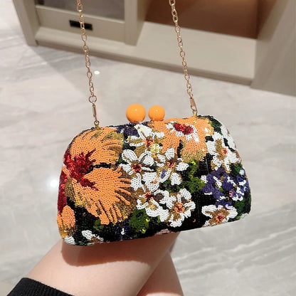 Bolso de mano con lentejuelas y clip para mujer, bandolera con bordado de flores, estilo vintage, para fiestas de noche