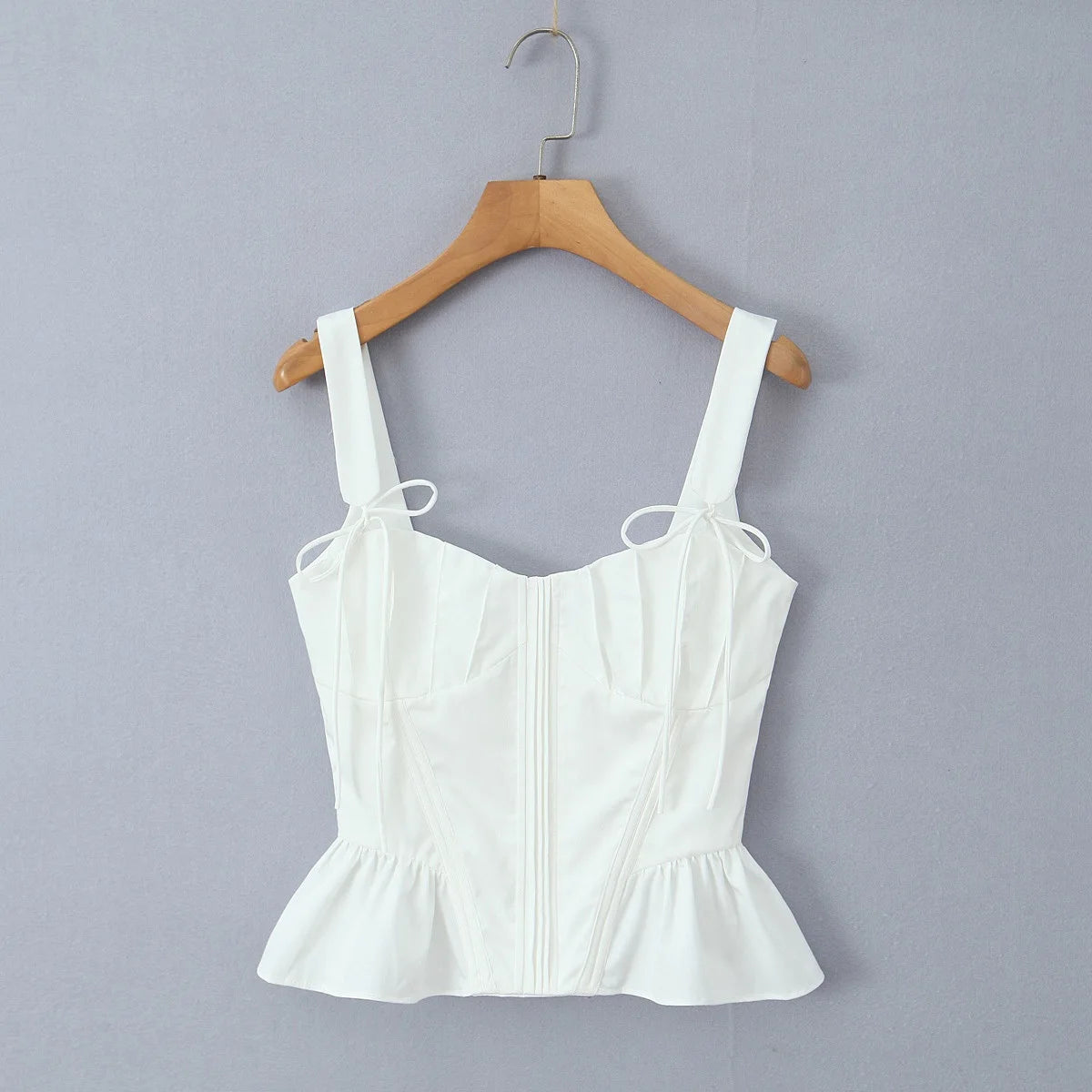 Suninheart White Casual Ruffle Hem Lace Up Strap Sling Vest Sexy Off Shoulder V-neck Backless Tops Ladies Fashion Sumemr Top