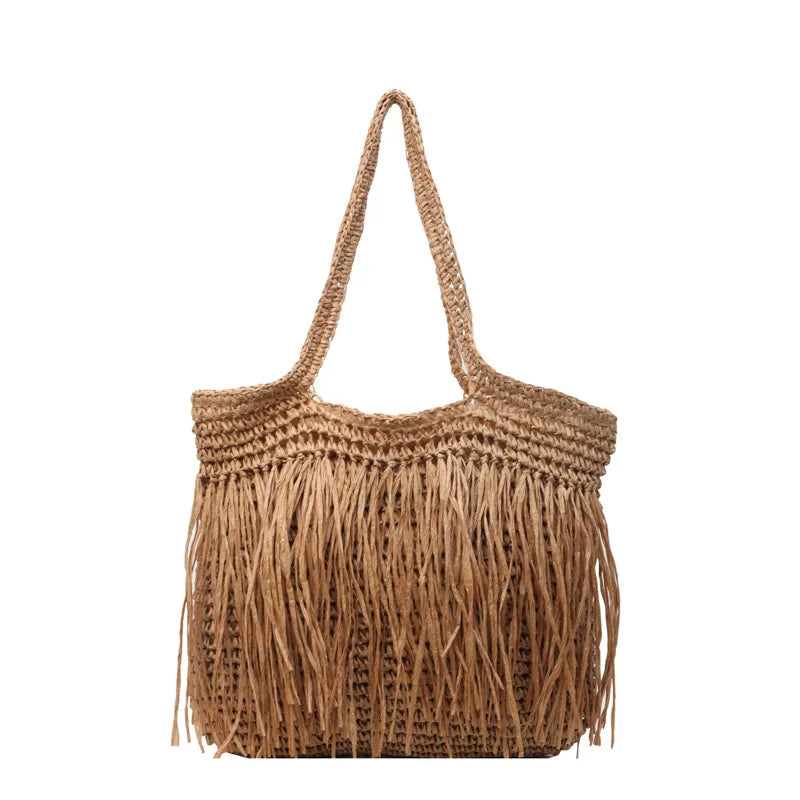 Bolsos de hombro informales tejidos con borlas para mujer, bolsos de mano hechos a mano con flecos para mujer, bolso de mano grande para playa de verano, bolso de compras grande para vacaciones