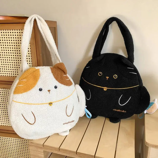 Kawaii Cartoon Cat Plush Bag Women College Girls Shoulder Bag Large Capacity Handbags and Purses Imitation Lamb Hair Tote Bag