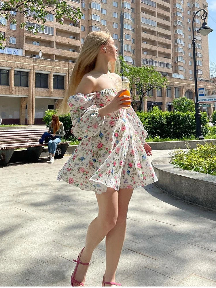 Clearance Sale !! Summer Lantern Sleeve Dress Long Sleeve Floral Print Dress Drawstring Elegant A Line Party Holiday Dress Women