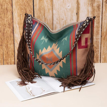 Bohemian Large Capacity Tote Bag Vintage Canvas Women Shoulder BagsTassel Geometric Patterns Crossbody Bag Big Shopper Purses