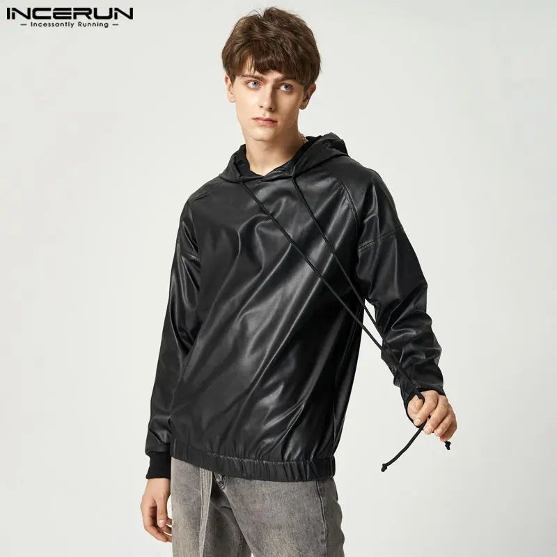 Venta caliente y elegante de camisetas para hombre INCERUN 2024, sudaderas con capucha de cuero reflectante de color liso, suéter informal de manga larga con cordón para hombre, tallas S a 5XL