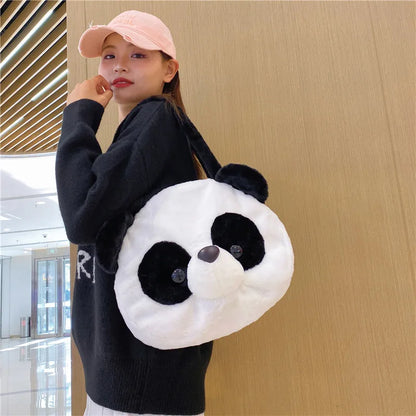 Bolsos de hombro de peluche para adolescentes, diseño kawaii, con forma de cabeza de panda, elegantes y suaves, para compras, portátiles