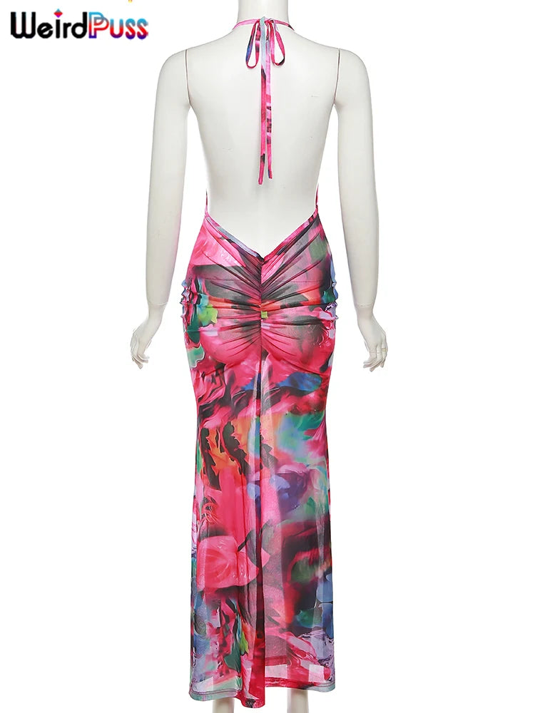 Vestido de mujer con escote halter y espalda descubierta con estampado de flores y escote bajo, transparente, sexy, ajustado, para fiesta en la playa, vacaciones en la playa, color melocotón