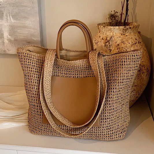 Casual Large Capacity Straw Tote Bag Hollow Paper Weave Women Shoulder Bags Handmade Summer Beach Handbag Big Bali Shopper Purse