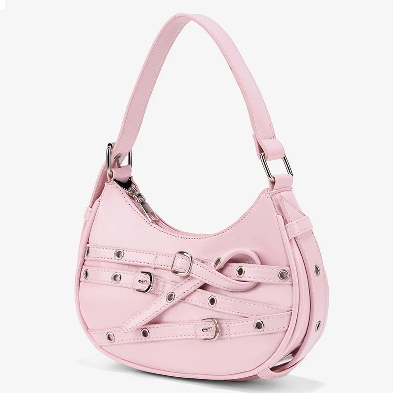 Fashion Belts Deco Halfmoon Women Shoulder Bags Punk Pink Color Handbags  Pu Leather Y2K Crossbody Bag Small Female Purses 2024