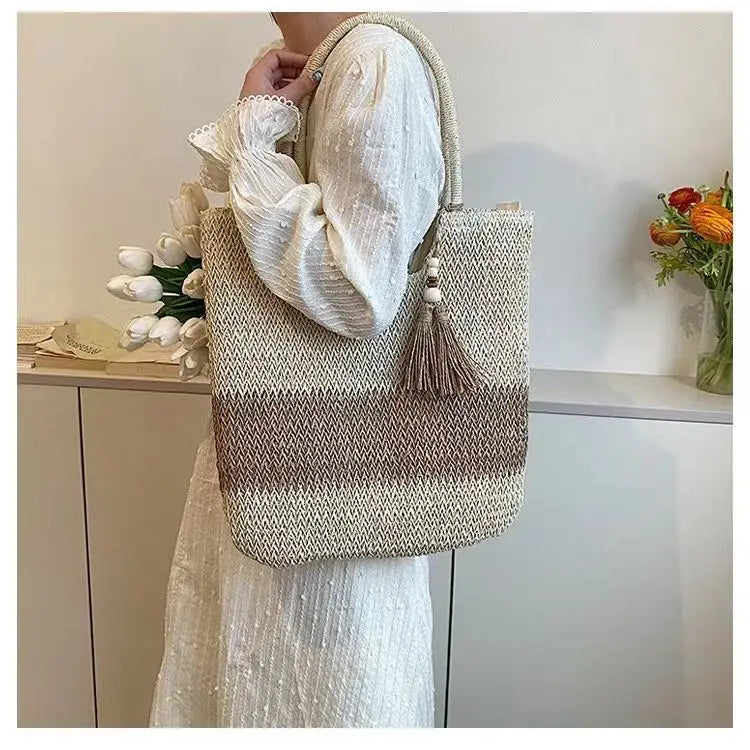 Bolso de mano informal de ratán de gran capacidad para mujer, de diseñador, tejido de mimbre, para hombro, de verano, para playa, de paja, para viaje