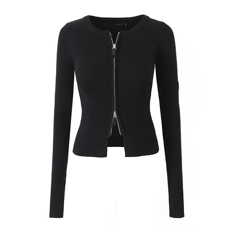 Suninheart 2023 Femmes Automne Mode Street Style Élastique Tricoté Cardigan Doux Mince O-cou Pull Chic Fermeture Éclair Tricots