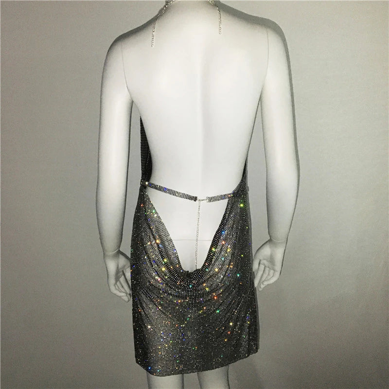 Venta al por mayor, barato, vestido de pecho bajo con diamantes de imitación de metal para mujer, sexy, sin espalda, tirantes finos, sólido, ceñido al cuerpo, para fiesta, club, vestidos 2023