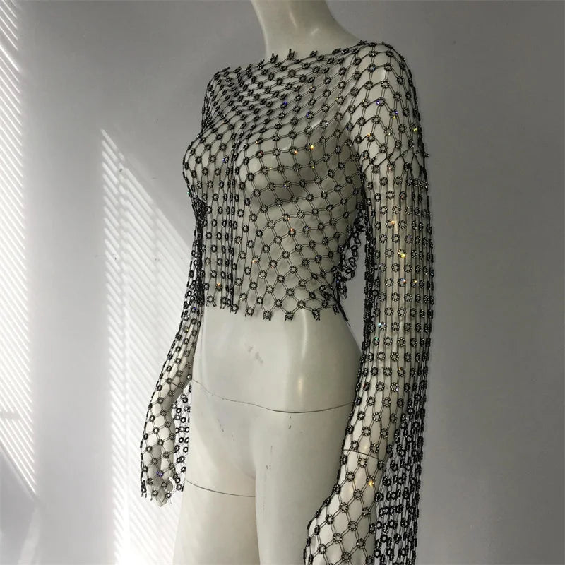 Camiseta de malla transparente con diamantes para mujer, remera holgada de manga larga con rejilla ahuecada y diamantes de imitación para fiesta en la playa