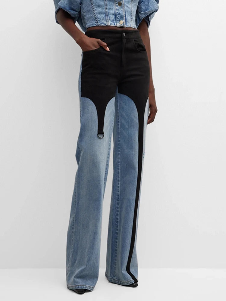 DEAT Fashion Pantalon en jean pour femme taille haute avec coutures contrastées noires et bleues, longueur au sol, jambes larges, automne 2024, nouveau 7AB763